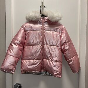 Girls Pink Puffer Jacket with Faux Fur Hood Size 12 Kids